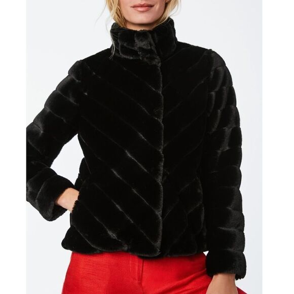 Bernardo Chevron Faux Fur Jacket, Black, Size‎ Medium (8/10), Classic Chic NWT - Picture 1 of 5